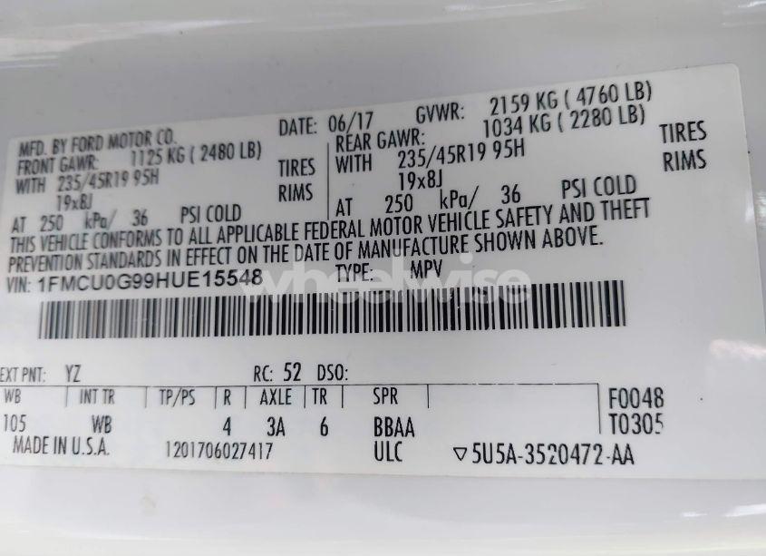 Photo 9 of 2017 Ford Escape SE (VIN 1FMCU0G99HUE15548)