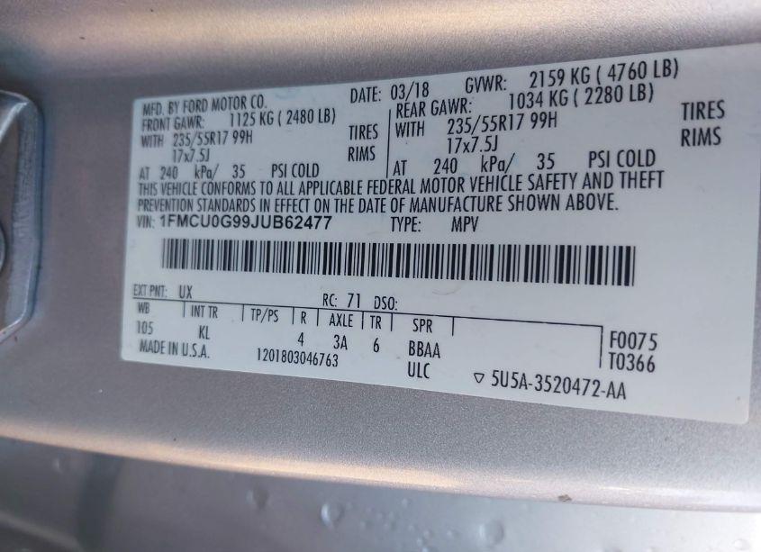 Photo 9 of 2018 Ford Escape SE (VIN 1FMCU0G99JUB62477)