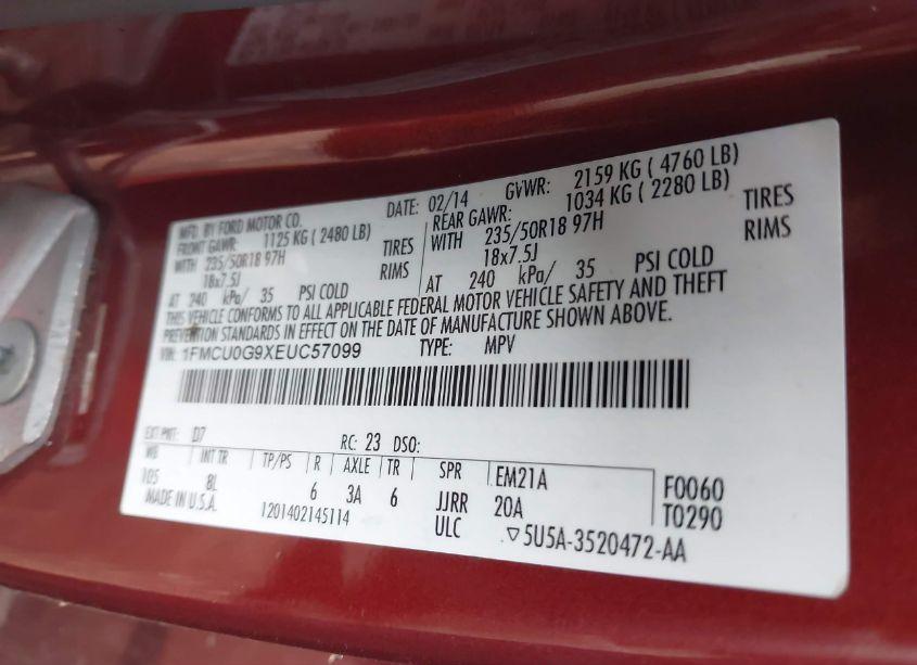 Photo 9 of 2014 Ford Escape SE (VIN 1FMCU0G9XEUC57099)