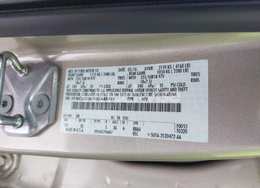 Photo 9 of 2017 Ford Escape SE (VIN 1FMCU0G9XHUA45193)