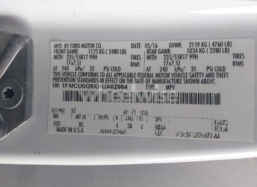 Photo 9 of 2017 Ford Escape SE (VIN 1FMCU0G9XHUA62964)