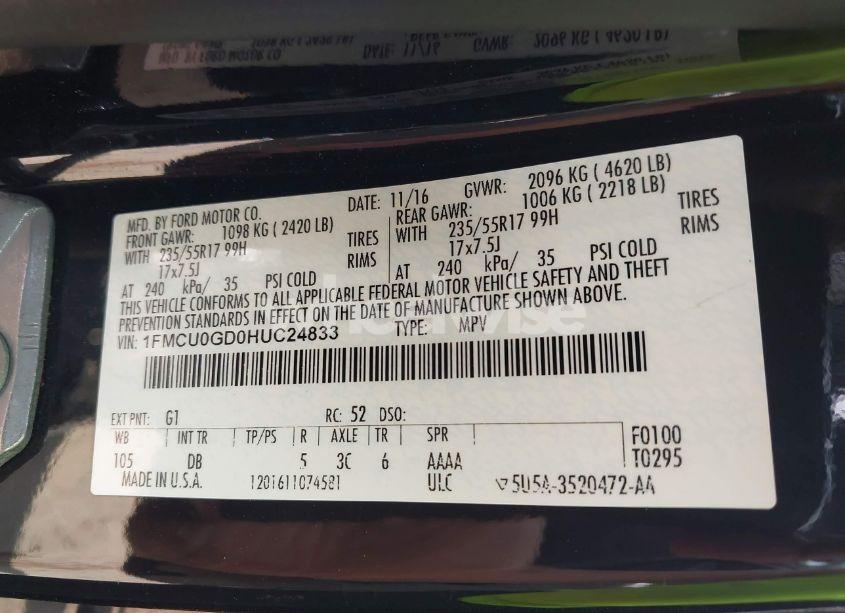 Photo 9 of 2017 Ford Escape SE (VIN 1FMCU0GD0HUC24833)