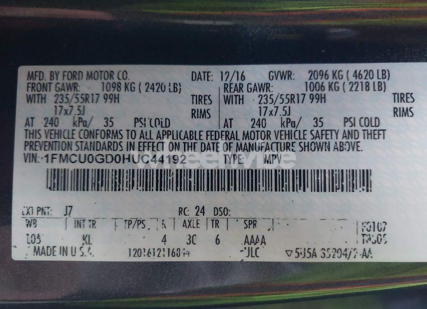 Photo 9 of 2017 Ford Escape SE (VIN 1FMCU0GD0HUC44192)