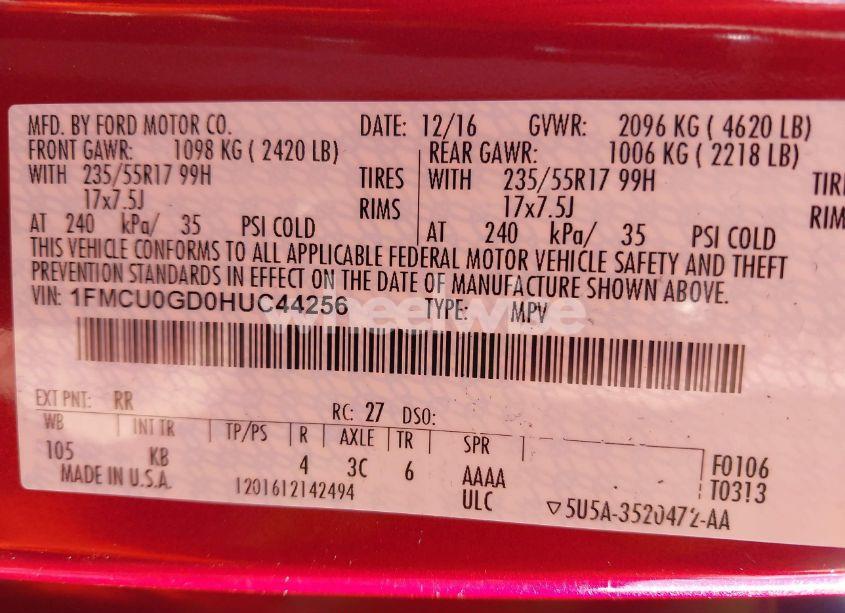 Photo 9 of 2017 Ford Escape SE (VIN 1FMCU0GD0HUC44256)