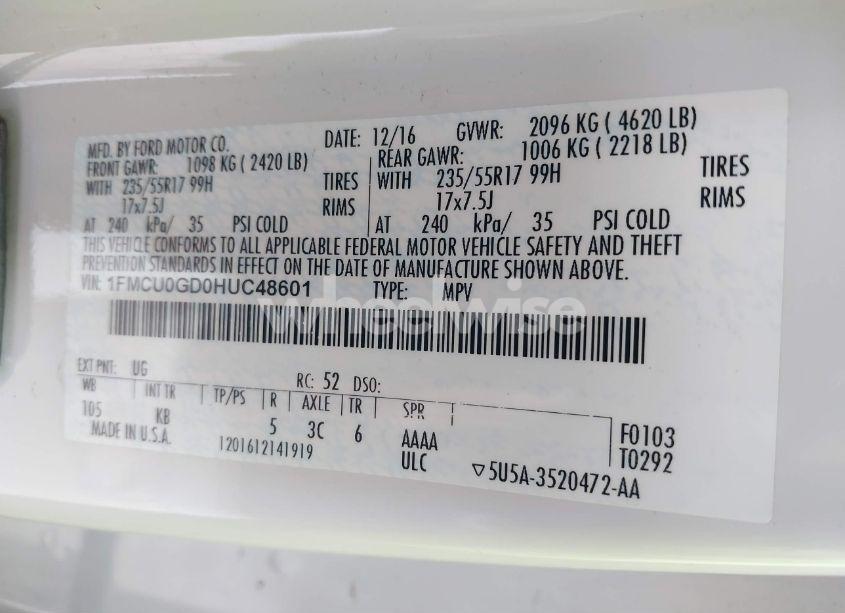 Photo 9 of 2017 Ford Escape SE (VIN 1FMCU0GD0HUC48601)