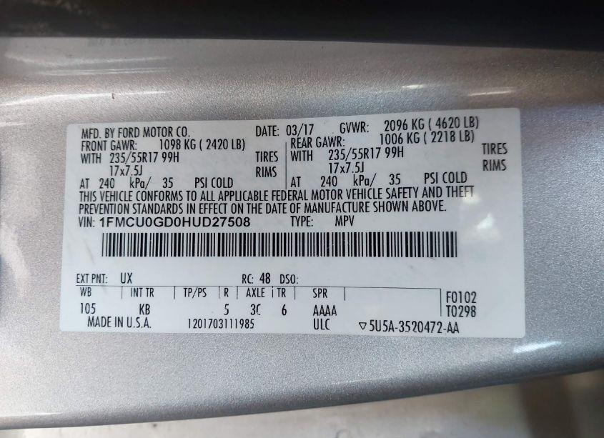 Photo 9 of 2017 Ford Escape SE (VIN 1FMCU0GD0HUD27508)