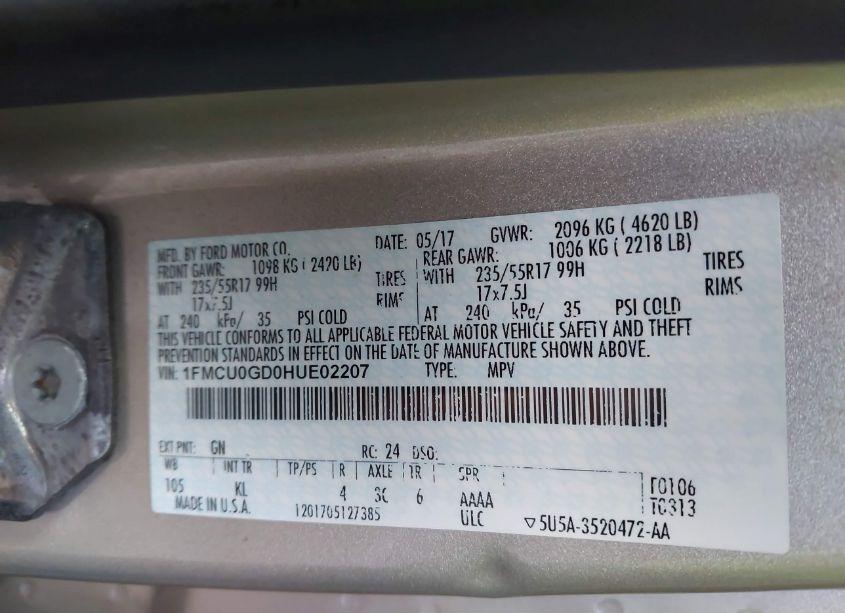 Photo 9 of 2017 Ford Escape SE (VIN 1FMCU0GD0HUE02207)