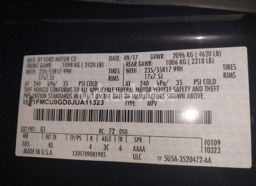 Photo 9 of 2018 Ford Escape SE (VIN 1FMCU0GD0JUA11323)