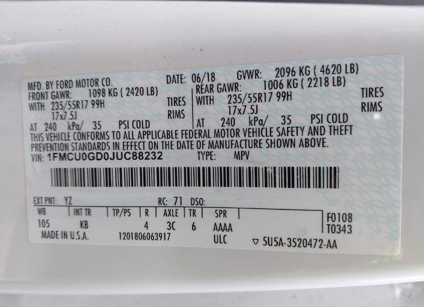 Photo 9 of 2018 Ford Escape SE (VIN 1FMCU0GD0JUC88232)