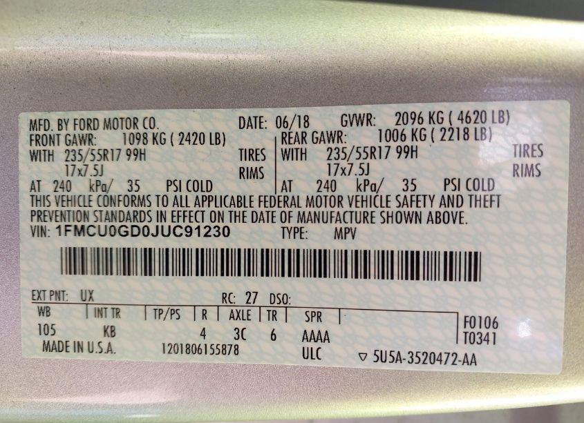 Photo 9 of 2018 Ford Escape SE (VIN 1FMCU0GD0JUC91230)