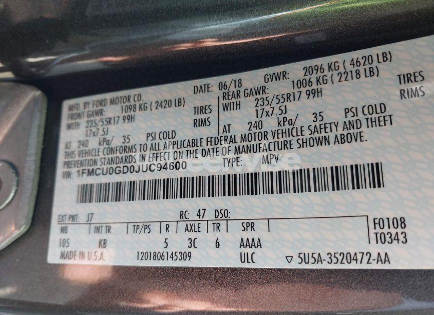 Photo 9 of 2018 Ford Escape SE (VIN 1FMCU0GD0JUC94600)