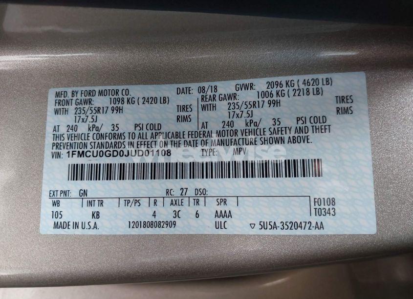 Photo 9 of 2018 Ford Escape SE (VIN 1FMCU0GD0JUD01108)