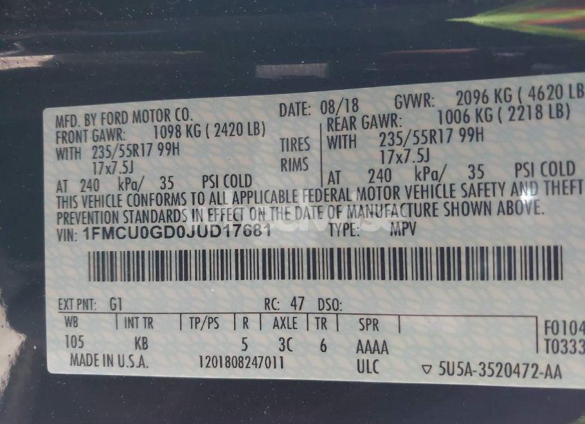 Photo 9 of 2018 Ford Escape SE (VIN 1FMCU0GD0JUD17681)