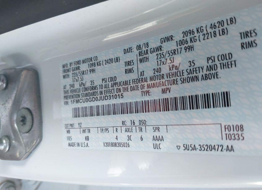 Photo 9 of 2018 Ford Escape SE (VIN 1FMCU0GD0JUD31015)