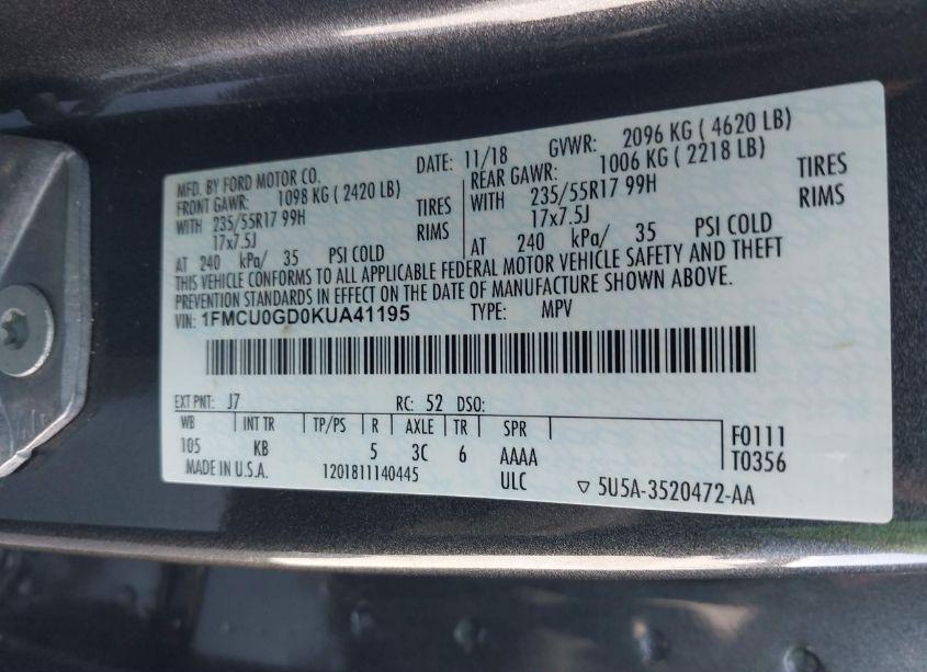 Photo 9 of 2019 Ford Escape SE (VIN 1FMCU0GD0KUA41195)