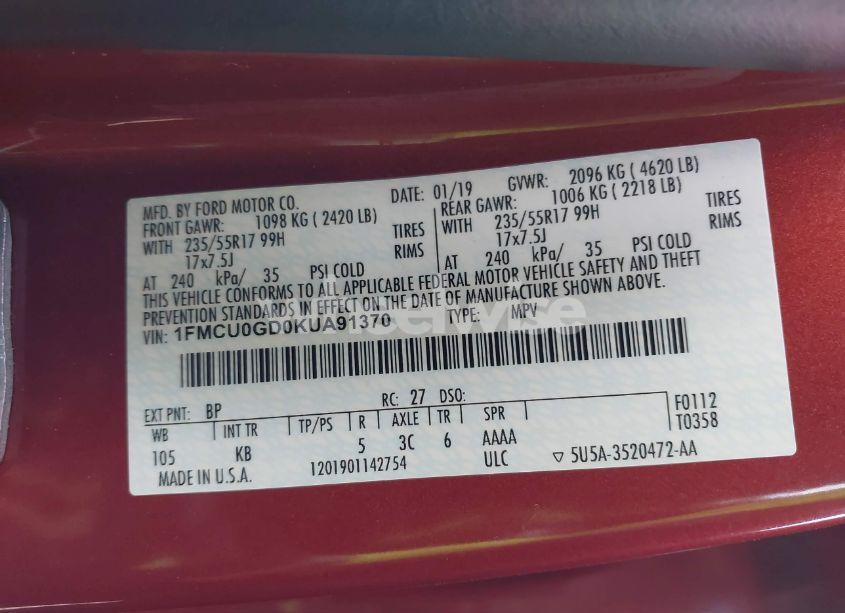 Photo 9 of 2019 Ford Escape SE (VIN 1FMCU0GD0KUA91370)