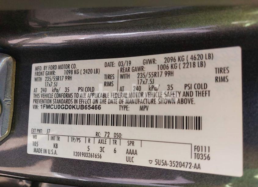 Photo 9 of 2019 Ford Escape SE (VIN 1FMCU0GD0KUB65466)