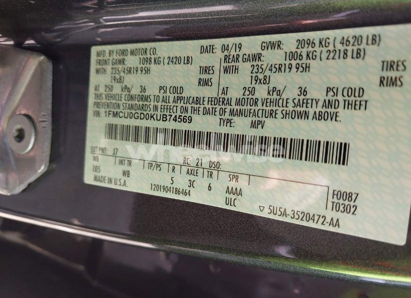 Photo 9 of 2019 Ford Escape SE (VIN 1FMCU0GD0KUB74569)