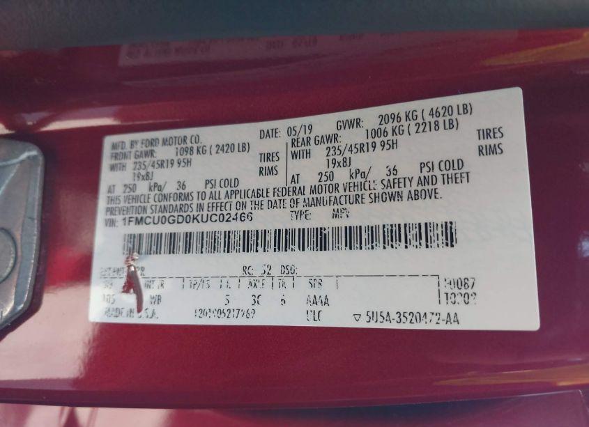 Photo 9 of 2019 Ford Escape SE (VIN 1FMCU0GD0KUC02466)