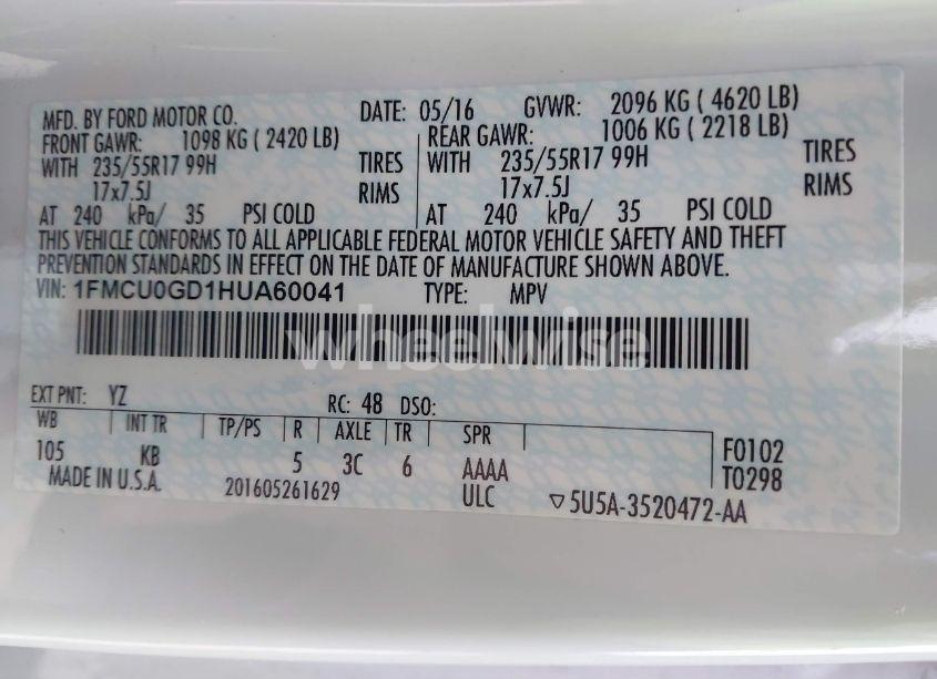 Photo 9 of 2017 Ford Escape SE (VIN 1FMCU0GD1HUA60041)