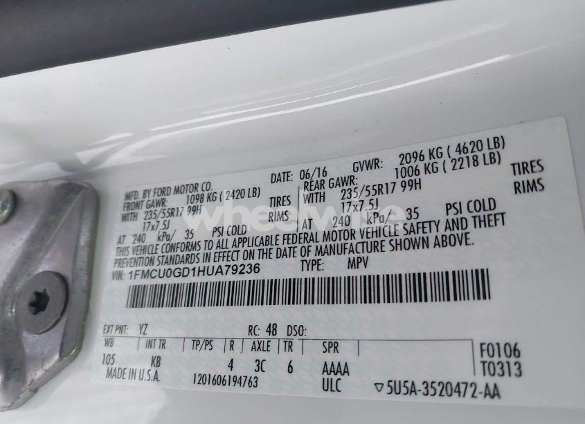 Photo 9 of 2017 Ford Escape SE (VIN 1FMCU0GD1HUA79236)