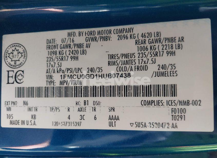 Photo 9 of 2017 Ford Escape SE (VIN 1FMCU0GD1HUB07438)