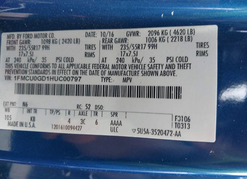 Photo 9 of 2017 Ford Escape SE (VIN 1FMCU0GD1HUC00797)