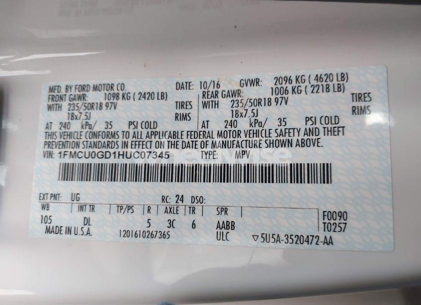 Photo 9 of 2017 Ford Escape SE (VIN 1FMCU0GD1HUC07345)