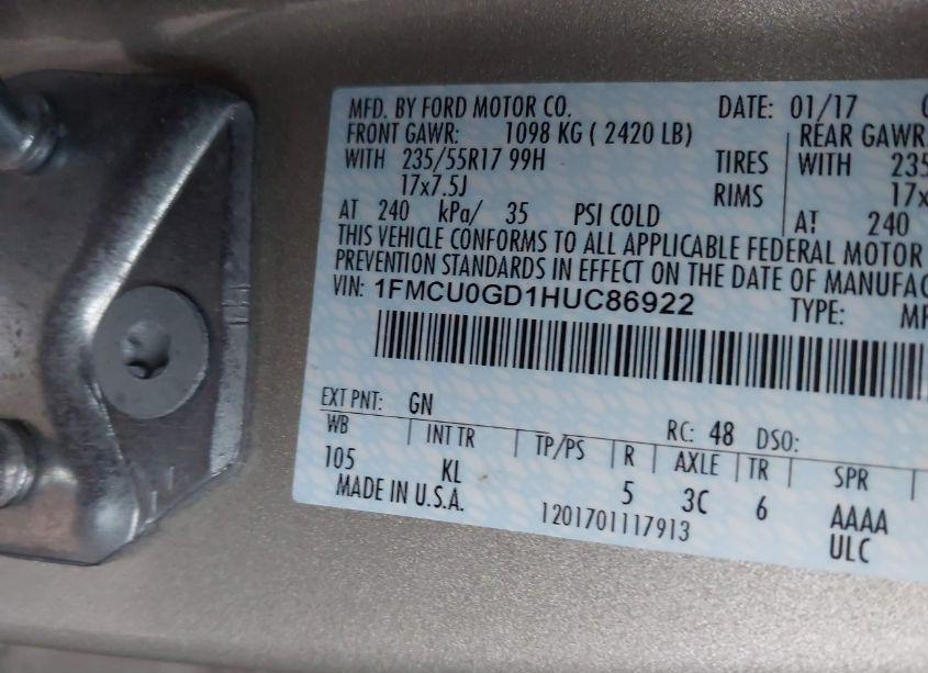 Photo 9 of 2017 Ford Escape SE (VIN 1FMCU0GD1HUC86922)