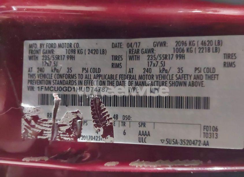 Photo 9 of 2017 Ford Escape SE (VIN 1FMCU0GD1HUD74787)