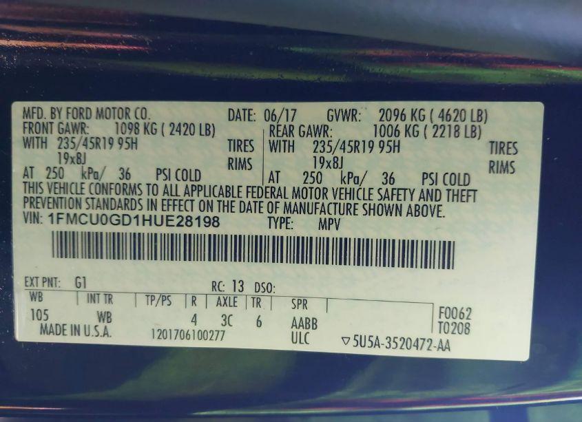 Photo 9 of 2017 Ford Escape SE (VIN 1FMCU0GD1HUE28198)