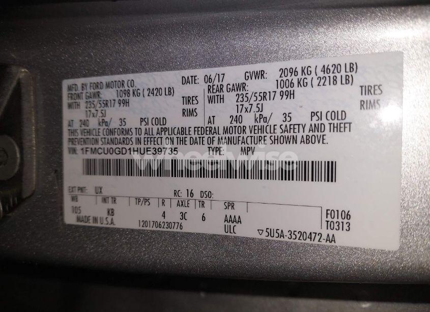 Photo 9 of 2017 Ford Escape SE (VIN 1FMCU0GD1HUE39735)