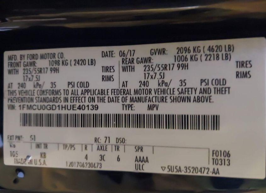 Photo 9 of 2017 Ford Escape SE (VIN 1FMCU0GD1HUE40139)