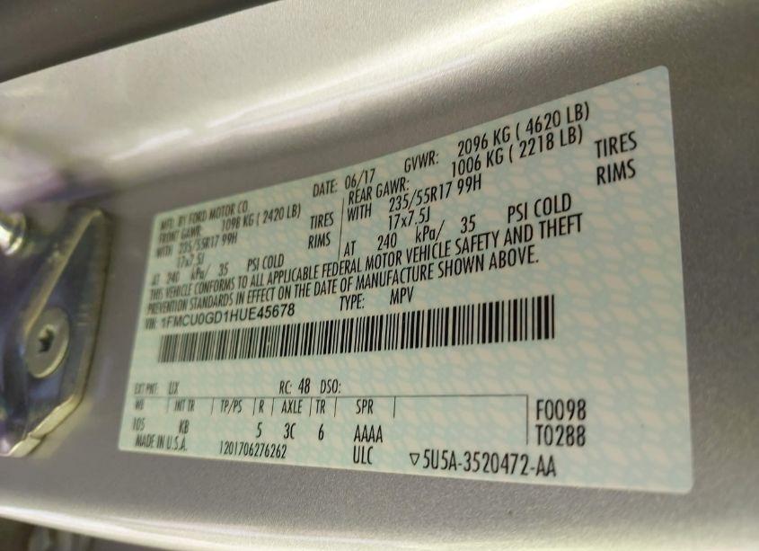 Photo 9 of 2017 Ford Escape SE (VIN 1FMCU0GD1HUE45678)