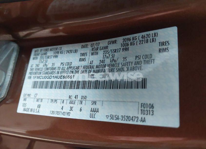 Photo 9 of 2017 Ford Escape SE (VIN 1FMCU0GD1HUE66661)