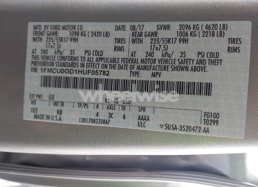 Photo 9 of 2017 Ford Escape SE (VIN 1FMCU0GD1HUF05782)