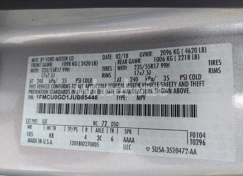 Photo 9 of 2018 Ford Escape SE (VIN 1FMCU0GD1JUB85448)