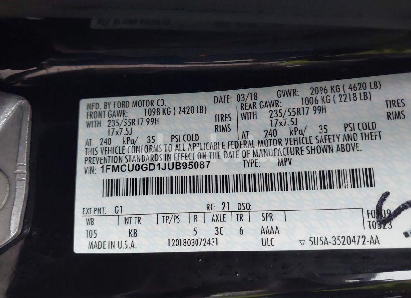 Photo 9 of 2018 Ford Escape SE (VIN 1FMCU0GD1JUB95087)