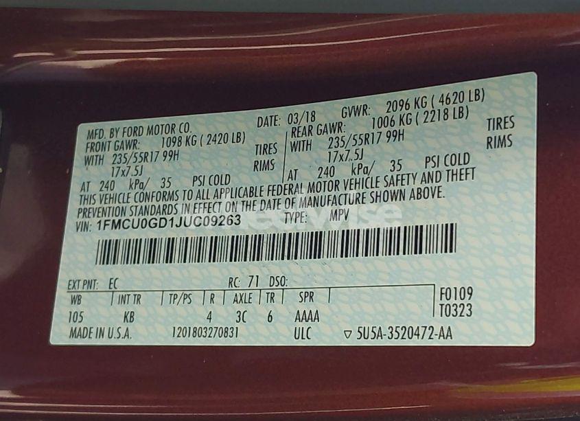 Photo 9 of 2018 Ford Escape SE (VIN 1FMCU0GD1JUC09263)