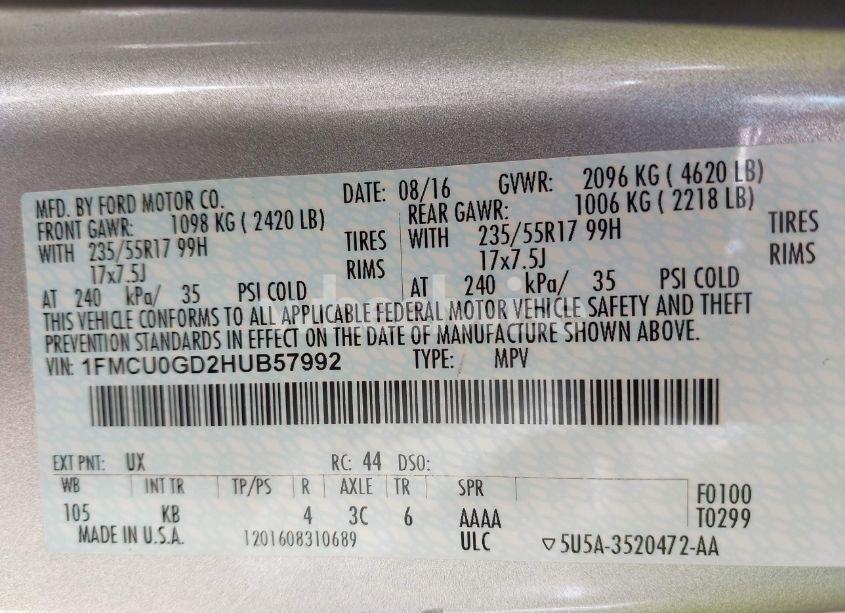 Photo 9 of 2017 Ford Escape SE (VIN 1FMCU0GD2HUB57992)