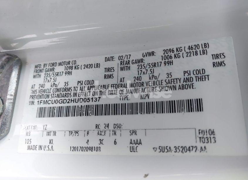 Photo 9 of 2017 Ford Escape SE (VIN 1FMCU0GD2HUD05137)