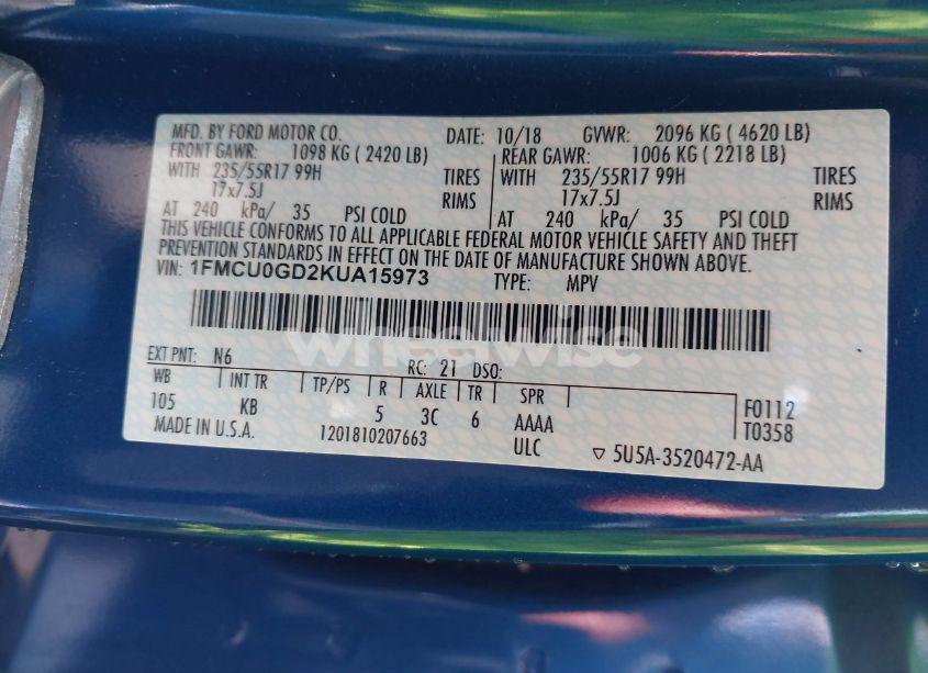 Photo 9 of 2019 Ford Escape SE (VIN 1FMCU0GD2KUA15973)