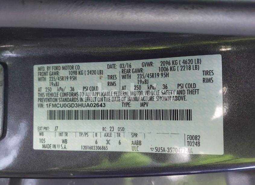 Photo 9 of 2017 Ford Escape SE (VIN 1FMCU0GD3HUA02643)