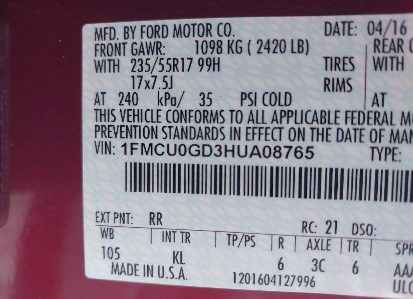 Photo 9 of 2017 Ford Escape SE (VIN 1FMCU0GD3HUA08765)