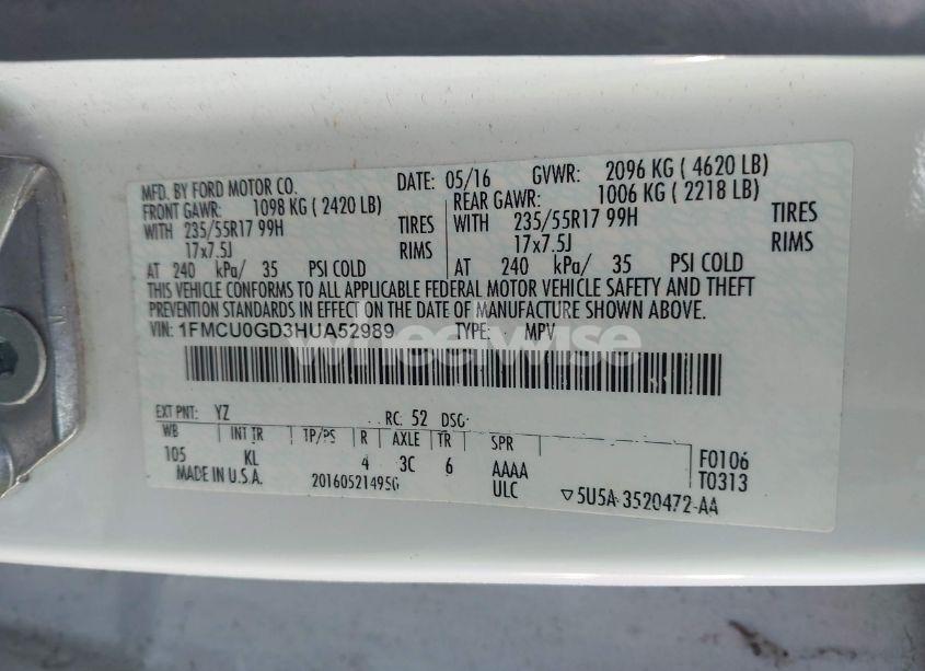 Photo 9 of 2017 Ford Escape SE (VIN 1FMCU0GD3HUA52989)