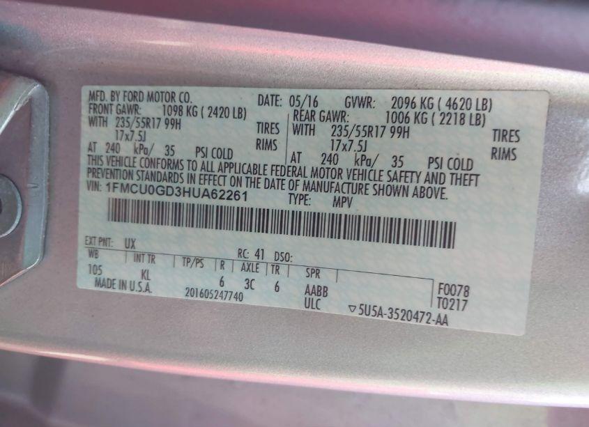 Photo 9 of 2017 Ford Escape SE (VIN 1FMCU0GD3HUA62261)