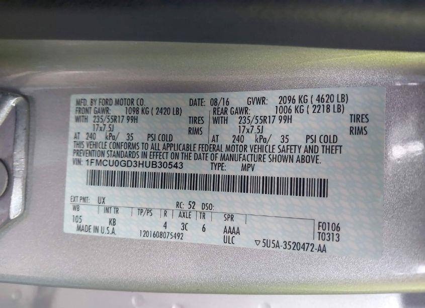 Photo 9 of 2017 Ford Escape SE (VIN 1FMCU0GD3HUB30543)