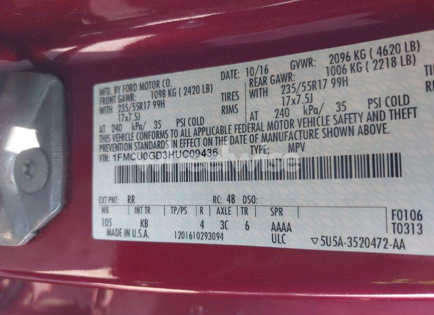 Photo 9 of 2017 Ford Escape SE (VIN 1FMCU0GD3HUC09436)