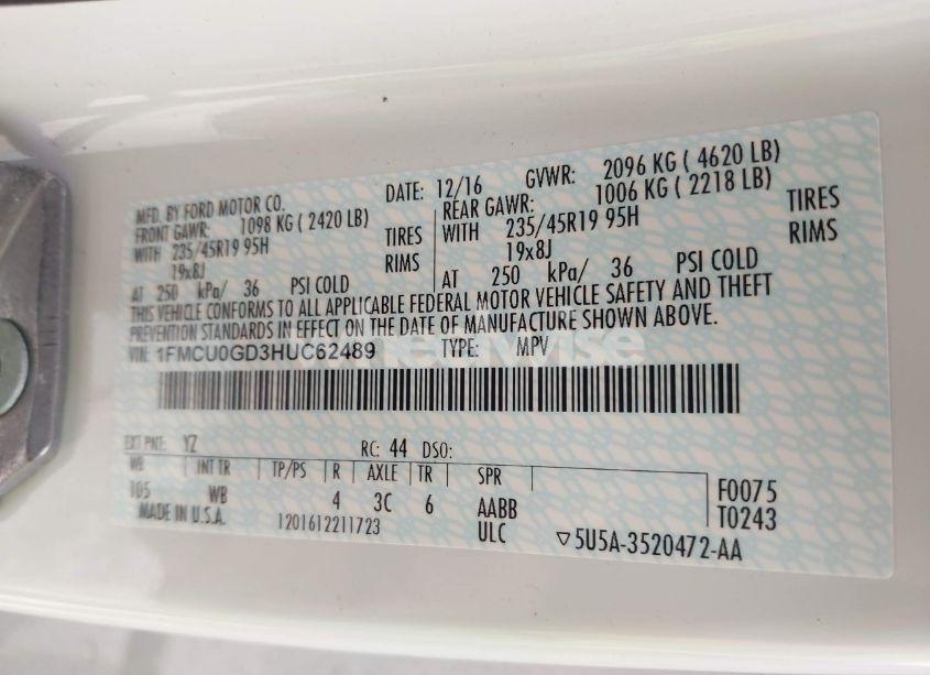 Photo 9 of 2017 Ford Escape SE (VIN 1FMCU0GD3HUC62489)