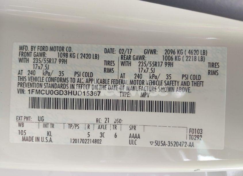 Photo 9 of 2017 Ford Escape SE (VIN 1FMCU0GD3HUD15367)